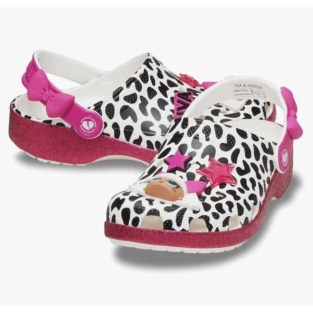 Crocs LOL Surprise Diva Leopard Print Glitter Pink Clogs Girls Shoes Jibbitz